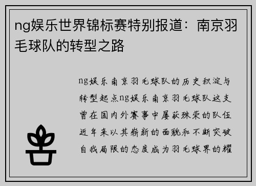 ng娱乐世界锦标赛特别报道：南京羽毛球队的转型之路
